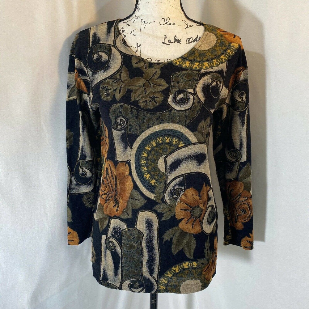 Fashque Woman's Scooped Neck Long Sleeve Floral Patterned Blouse Sz M